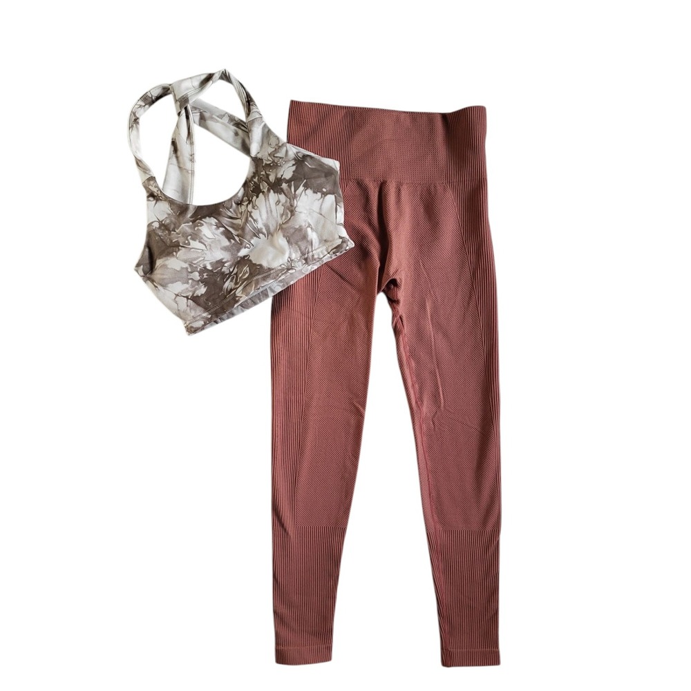 SAVVI Fit Small Activewear Performance Ribbed Leggings &‎ Bra Top 2 Pc Lot Gym